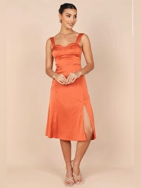 Satin Orange Midi Dress with Side Slit